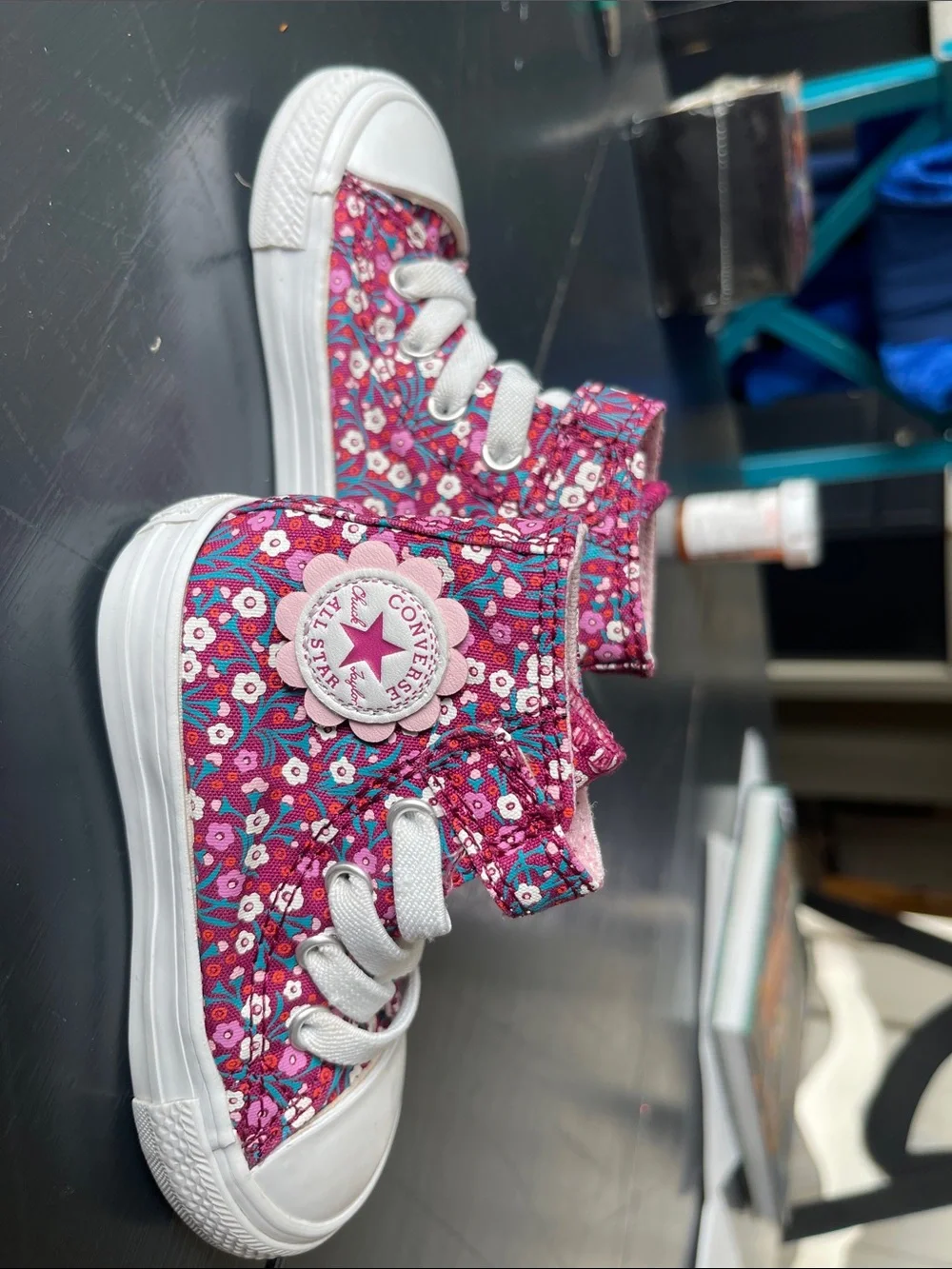 Like New Converse Kids Floral High-Top Sneakers — Pink & Teal size 5